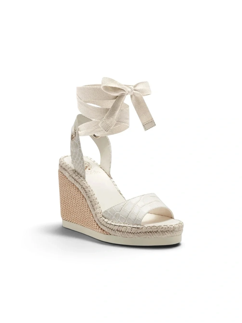 Vince Camuto Bendsen Cream Croc-Embossed Ankle-Tie Wedge sandals, size 9.5